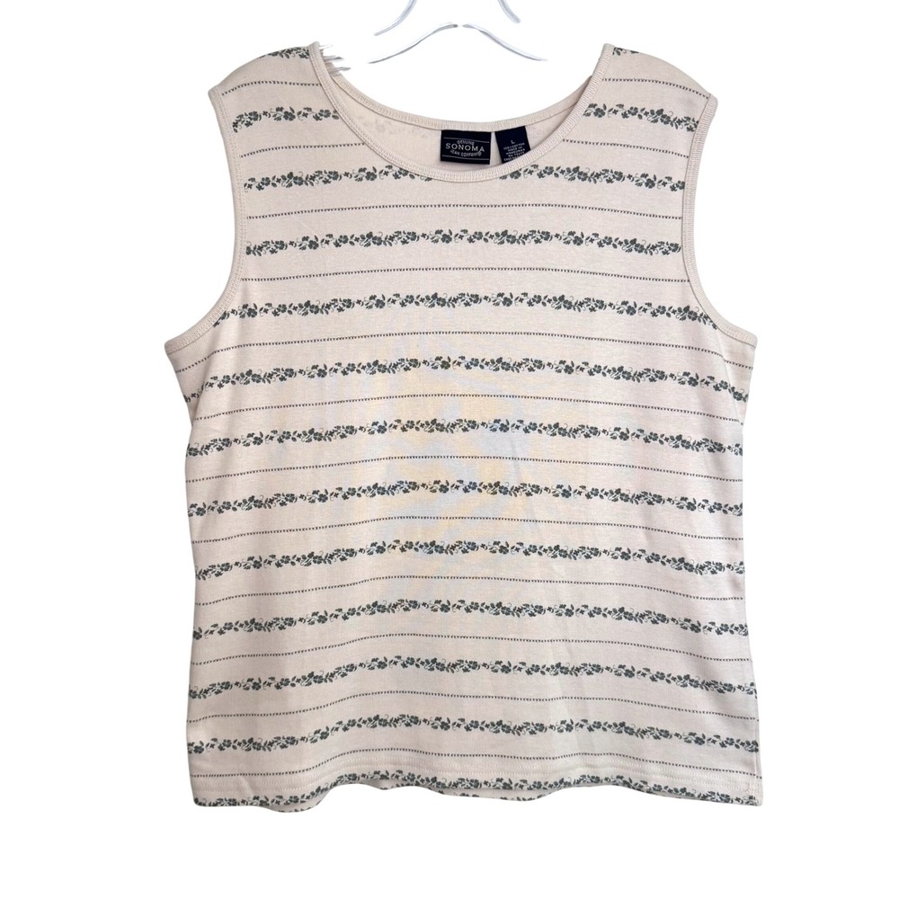 Sonoma Tank Top Womens Large Cream Cotton Floral Stripe Ribbed Sleeveless Boho L